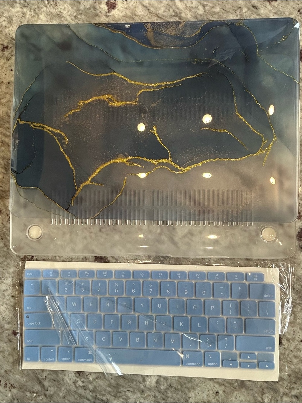 Clear Laptop Shell with Gold-Marble Design and Blue Silicone Keyboard Cover.
